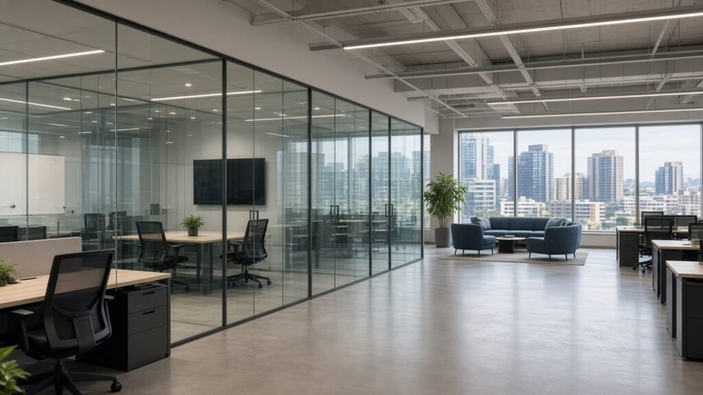 Fictional fitted commercial office floor with a city outlook