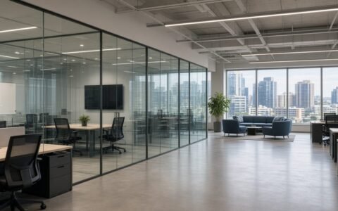 Fictional fitted commercial office floor with a city outlook