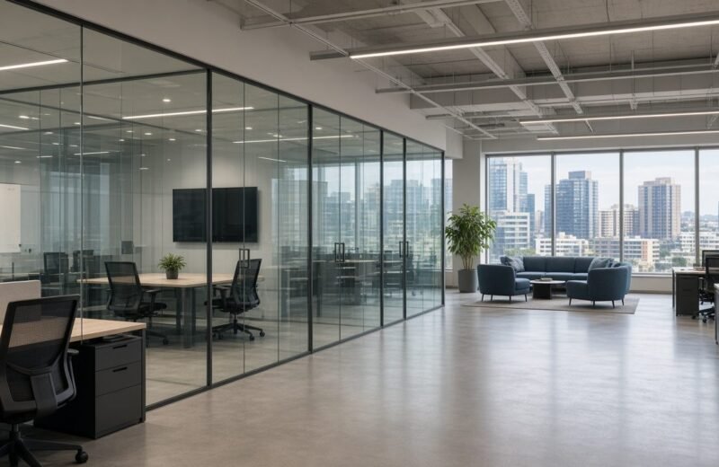 Fictional fitted commercial office floor with a city outlook