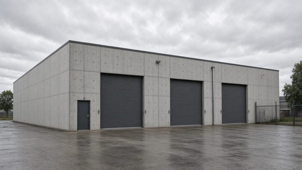 Fictional industrial unit with a sealed yard and roller doors