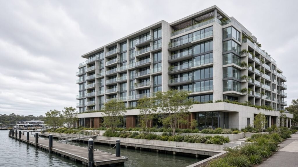 Fictional Docklands apartment tower used as an off-the-plan demo