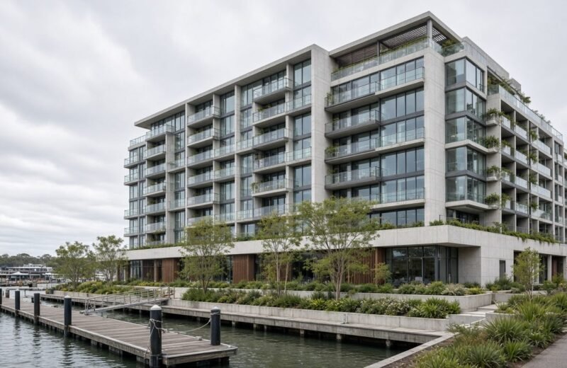 Fictional Docklands apartment tower used as an off-the-plan demo