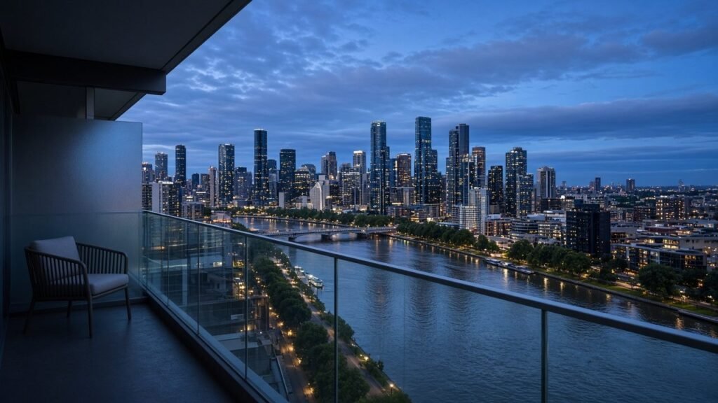 Balcony of a fictional Southbank apartment looking toward the river
