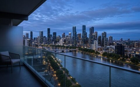 Balcony of a fictional Southbank apartment looking toward the river